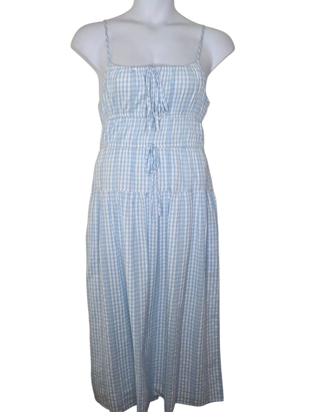 Sim‎ & Sam Milkmaid Gingham Maxi Dress Size L Cotton Tiered Pockets Cottagecore